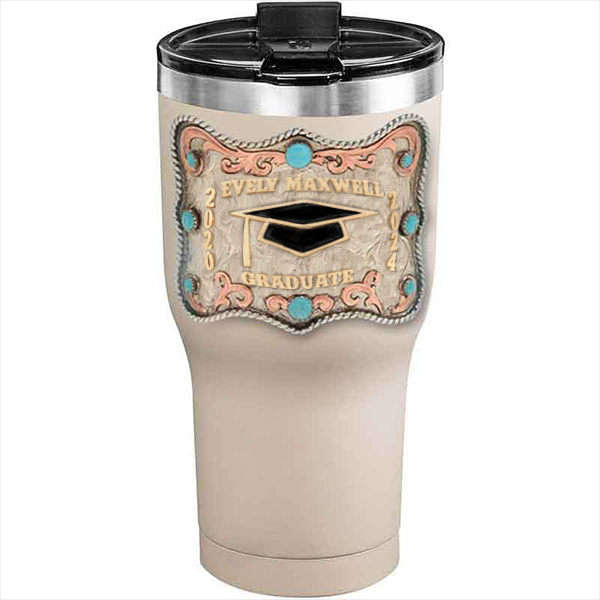 A customized tumbler made of stainless steel with a personalized engraved name and graduate cap figure, 30 oz, ideal for coffee or cool drinks